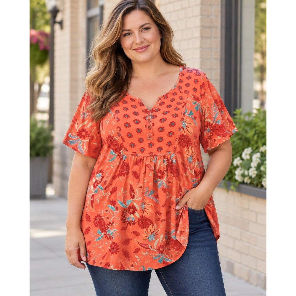 Woman Within 1X 22/24 Coral Floral Paisley Boho Tunic Top Cotton Blend